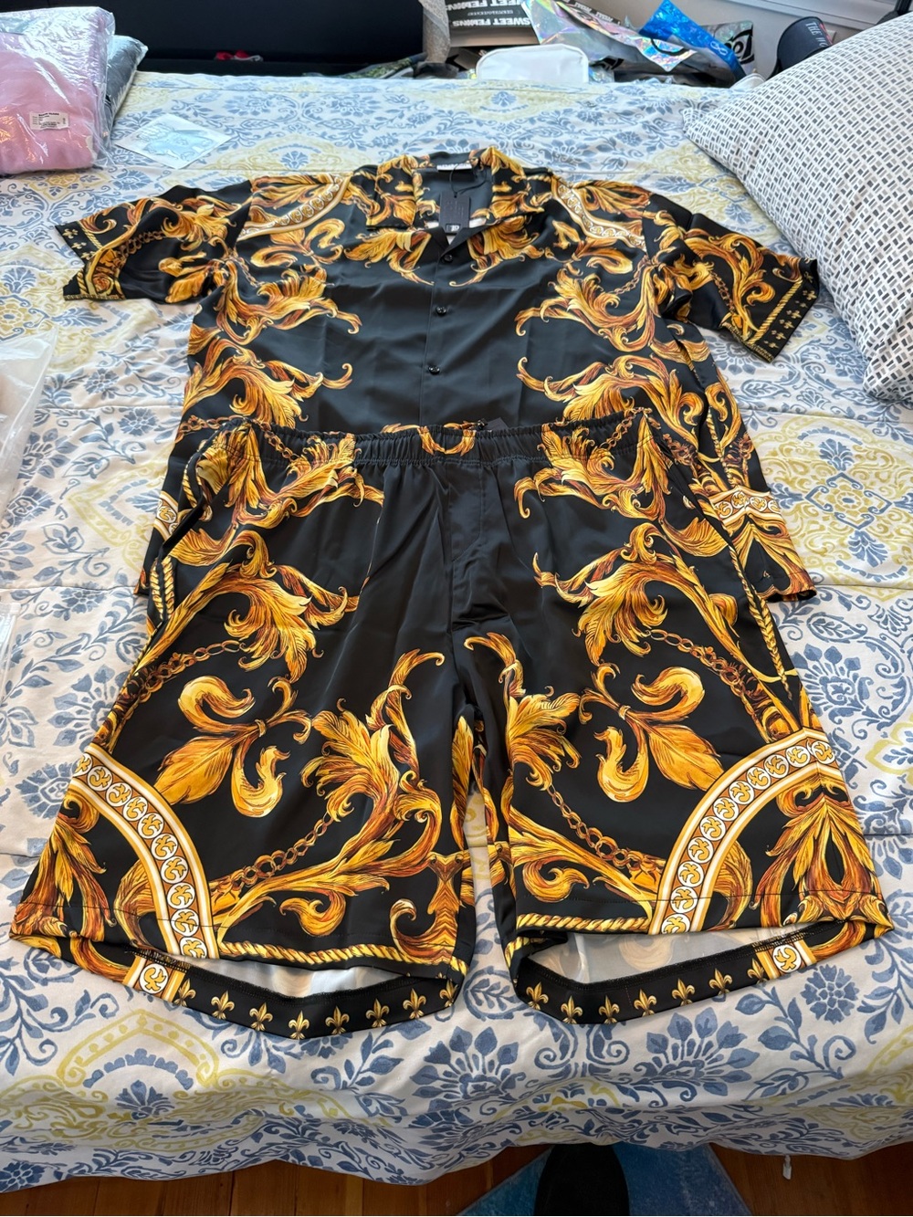 Left Point Full Set Men's Black & Gold Baroque Hybrid Shorts - Luxe Print
